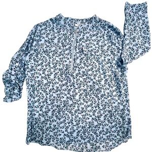 Lomon Womens Blue Floral Roll Tab Sleeve Quarter Zip Blouse Top XL
